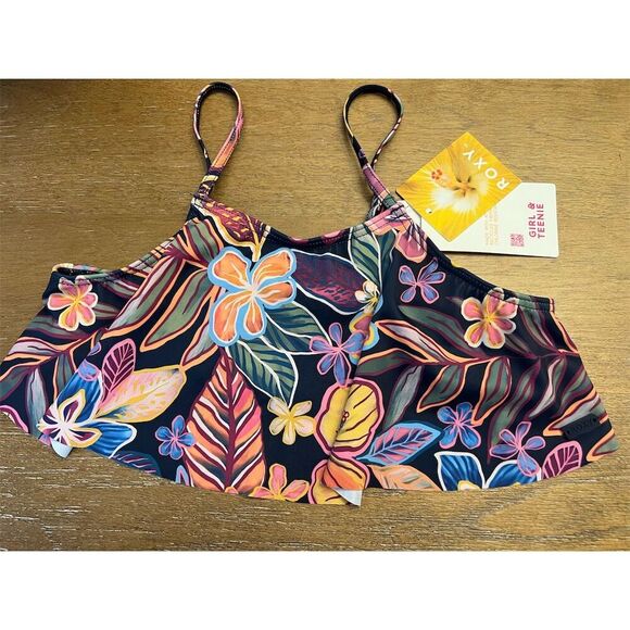 NWT Roxy Girls' Paradise Trip Flutter Floral Swim Top Size 10 Black - Picture 3 of 9